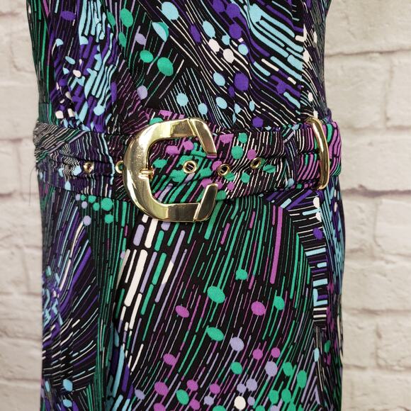 Cache Purple Green Print Long Sleeve Faux Wrap Dress Cocktail Party Sz S - Picture 8 of 15